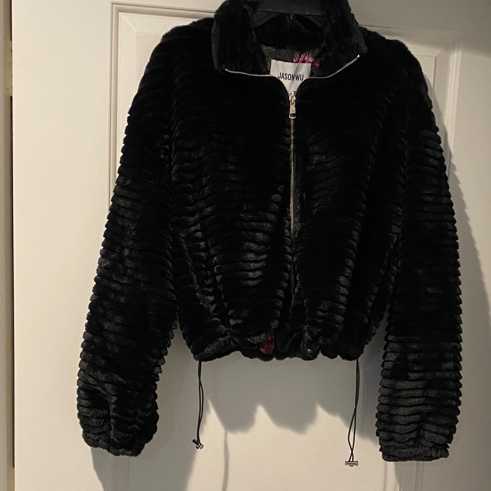 NWT Designer Black Textured faux furJacket;
pretty floral lining w/pull-in waist